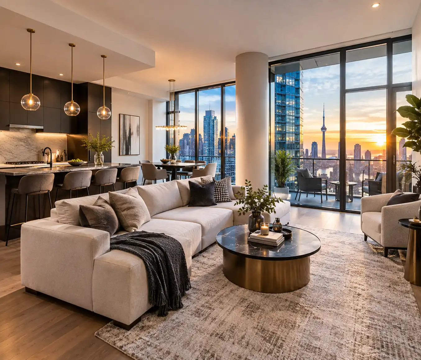Modern Toronto condo interior showcasing expansive city views from a living room, highlighting desirable amenities