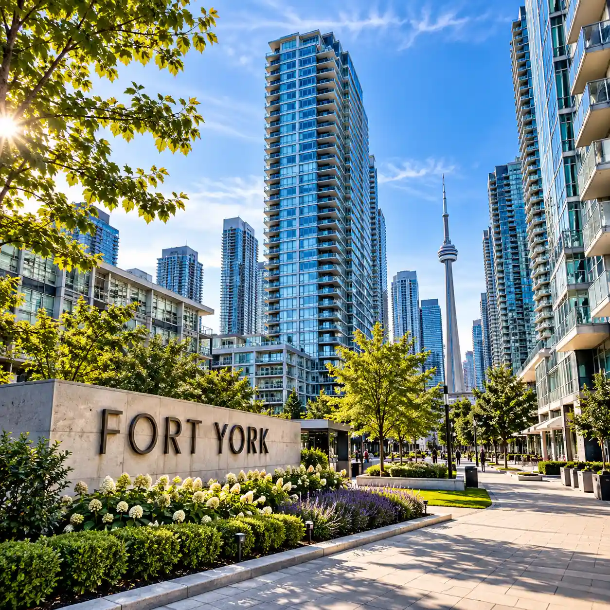 Exterior view of Fort York condos in Toronto, showcasing modern high-rise buildings and waterfront views