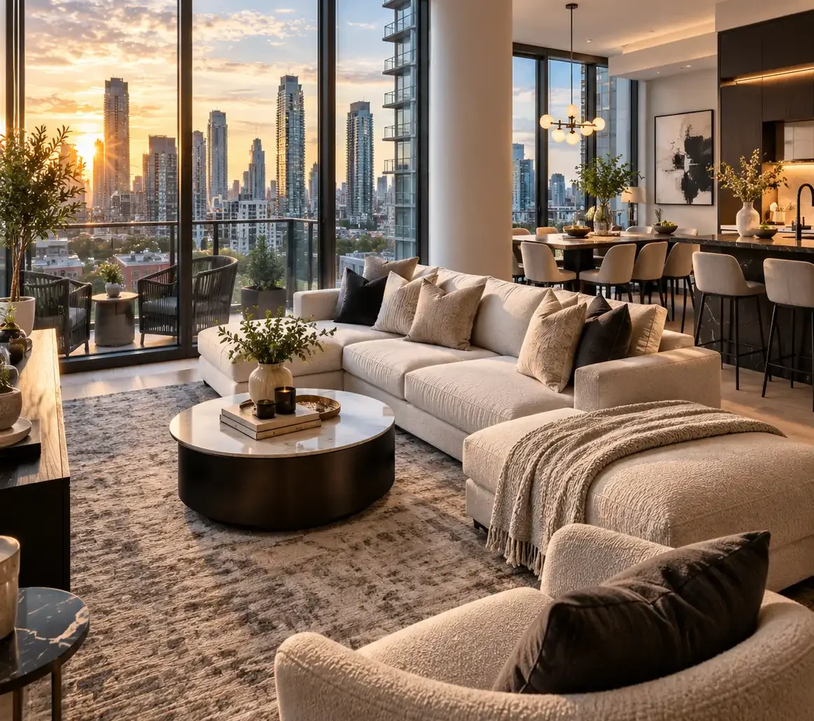 Stylish Queen West condo interior showcasing a modern living room with expansive city views, highlighting