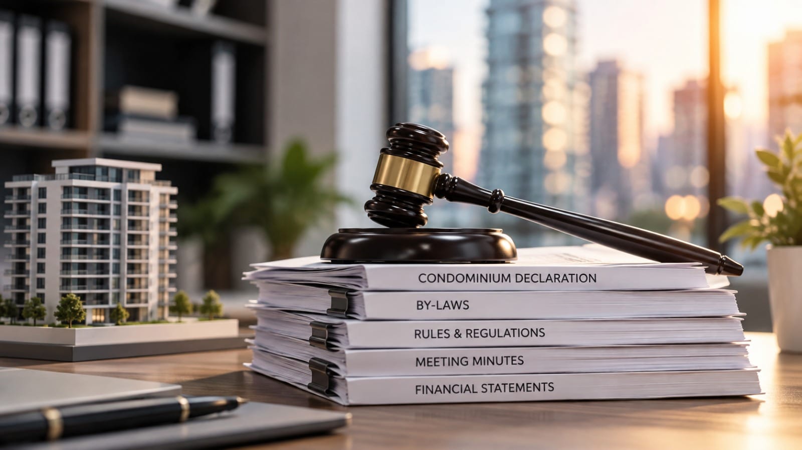Gavel resting on condominium declaration documents and a building model, symbolizing legal review and due
