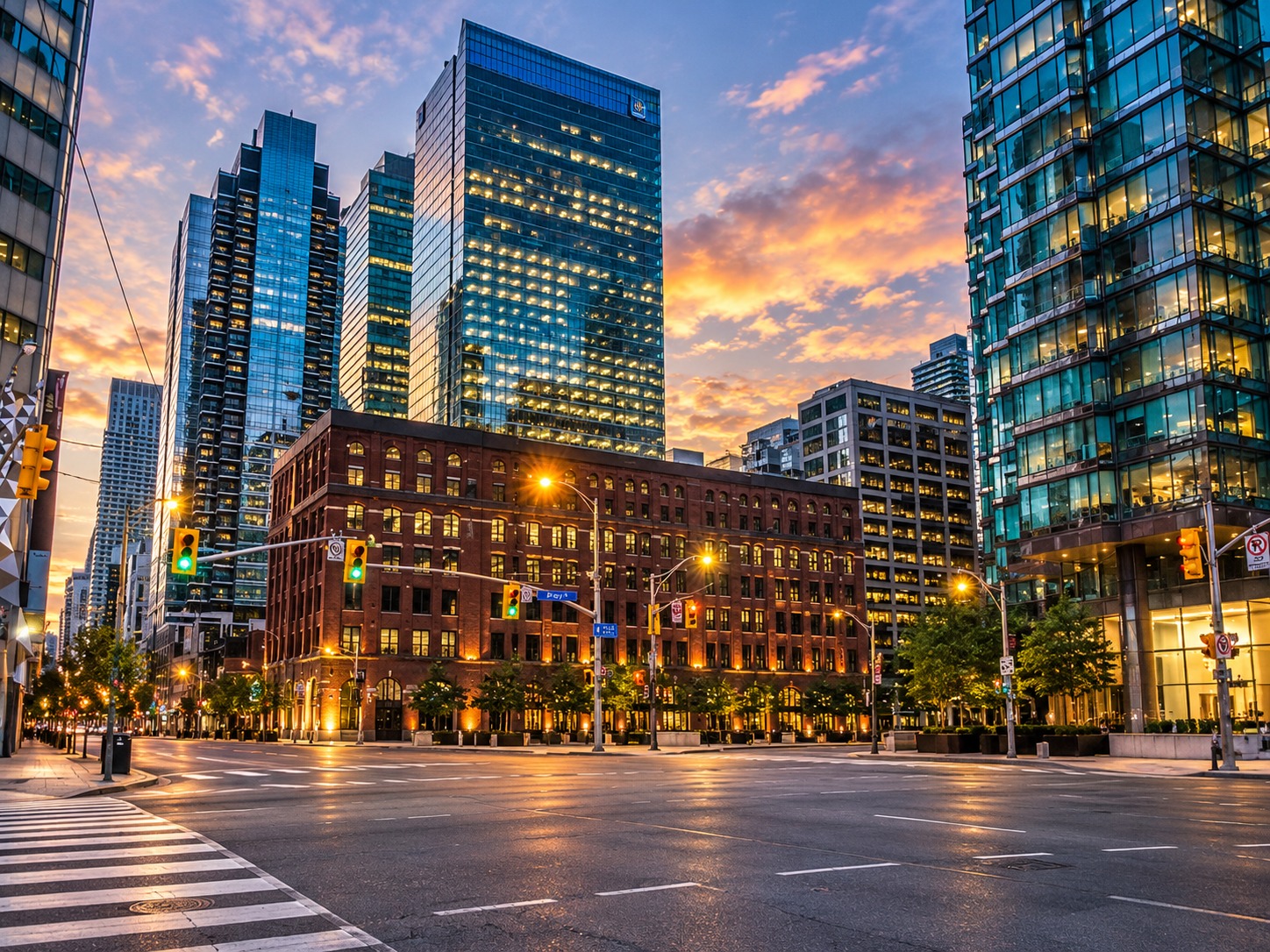 Toronto cityscape at dusk, showcasing modern high-rise condos and older brick buildings, illustrating the diverse